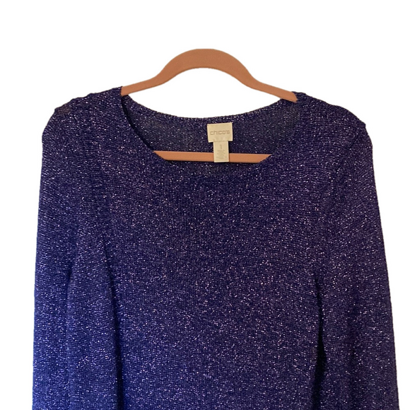 2/$18 Chico’s asymmetrical hem purple sweater with metallic threads - Picture 2 of 5
